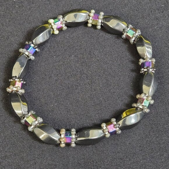 Magnetic Hematite Bracelet Rainbow Cube Accents Silver Tone Stretch 7" - Picture 2 of 7